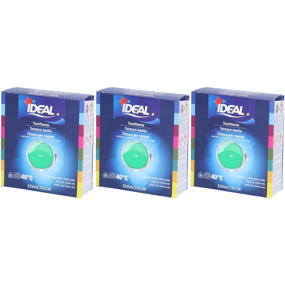 Trois boîtes de teinture textile. Sur chaque boîte, le mot IDEAL est visible. La couleur est vert menthe. 40°C et ESWACOLOR sont visibles.