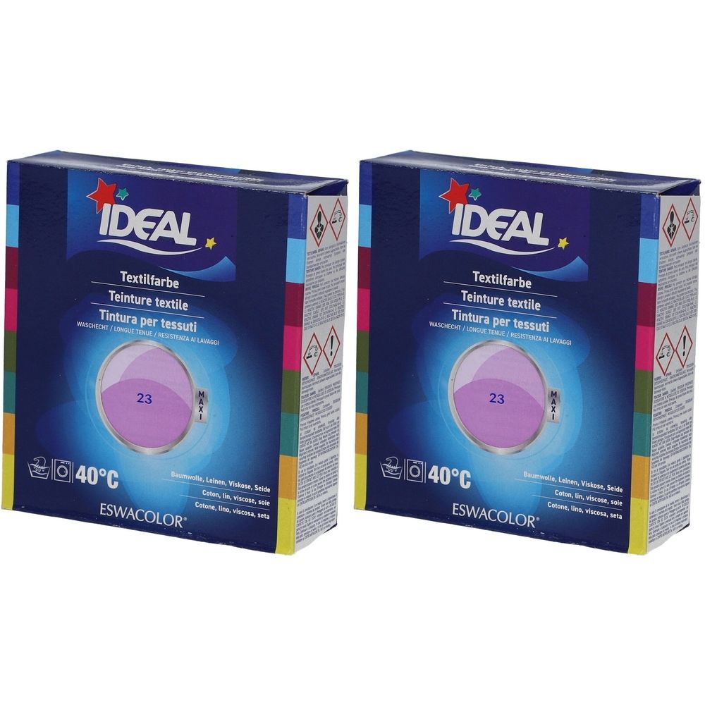 Deux boîtes de teinture textile Ideal. Inscription : Textilfarbe, Teinture textile, Tintura per tessuti. Couleur 23, 40°C. Marque Ideal.
