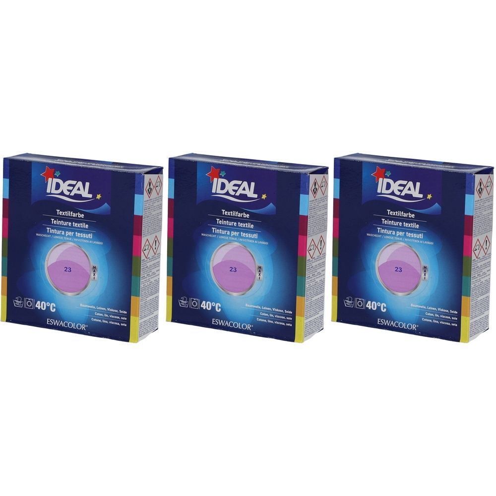 Trois boîtes de teinture textile. Chaque boîte porte IDEAL, Textilfarbe, No. 23 Flieder, 40°C et ESWACOLOR.