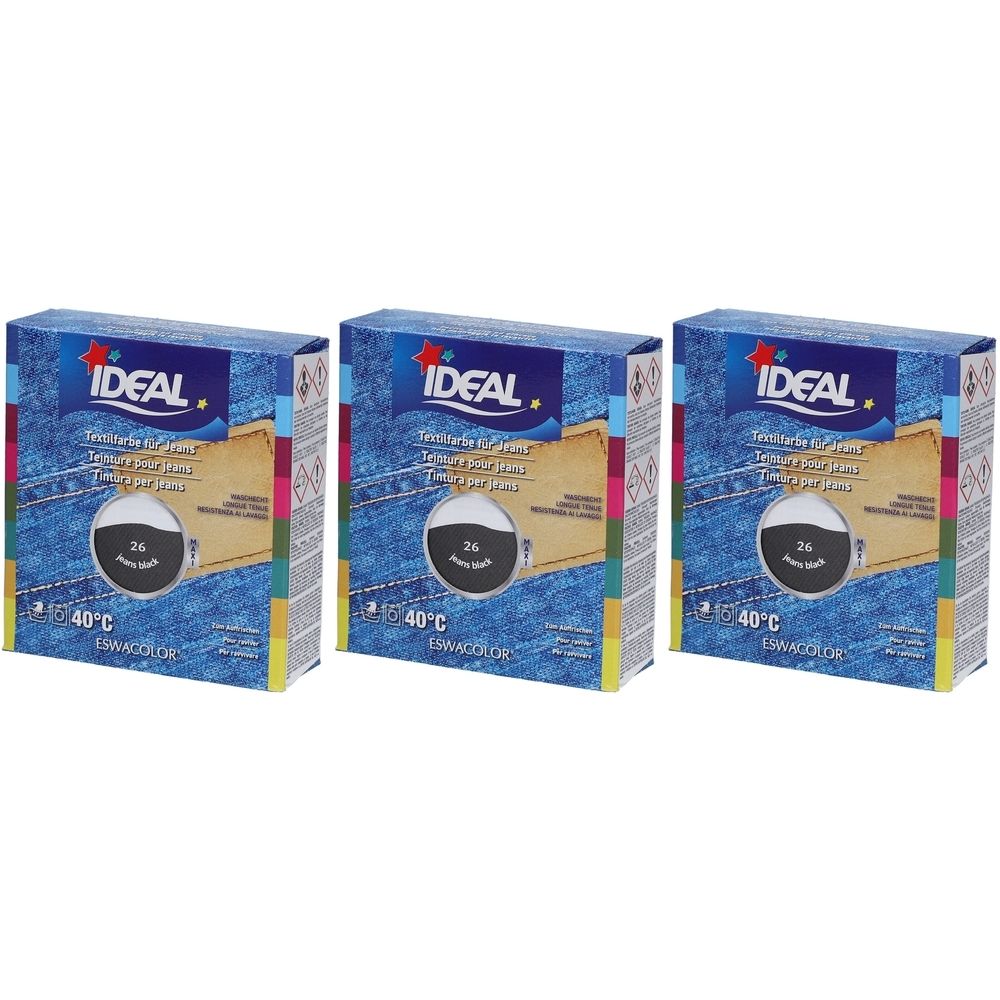 Trois boîtes de teinture textile. Chaque boîte porte la marque IDEAL. Un cercle avec le numéro 26 et l'inscription "Black" est visible.