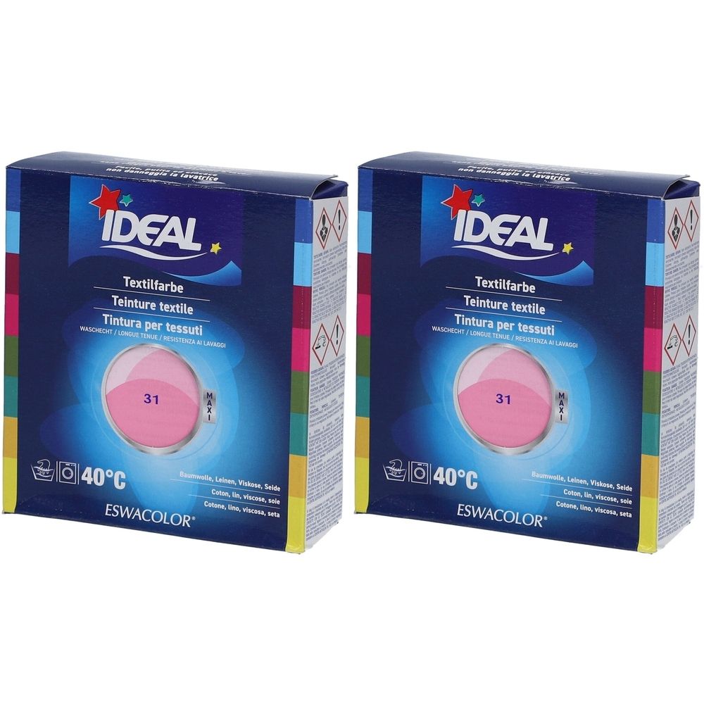 Zwei Kartons IDEAL Textilfarbe. Aufdrucke: Textilfarbe, Teinture textile, Tintura per tessuti. Farbton 31 Pink. Temperaturangabe 40°C. Marke ESWACOLOR.