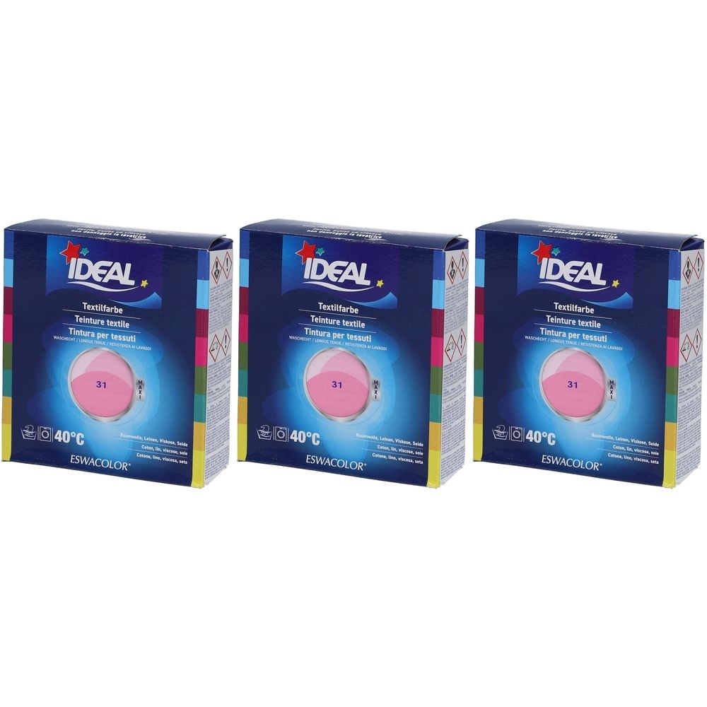 Drei Schachteln Textilfarbe. Auf jeder Schachtel steht IDEAL, Textilfarbe, 31 Pink, 40°C und ESWACOLOR.