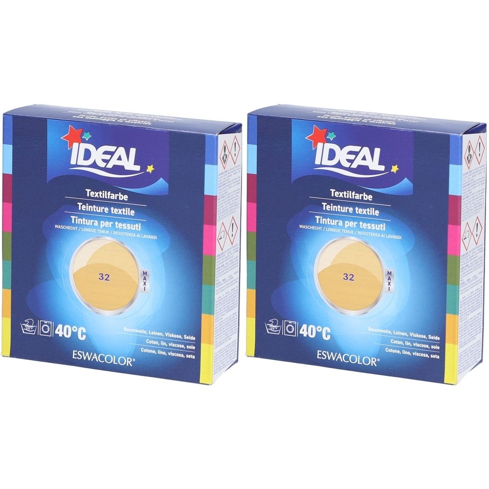 Zwei Kartons IDEAL Textilfarbe. Aufschrift: Textilfarbe, Teinture textile, Tintura per tessuti. Farbe 32 Beige. Temperaturangabe 40°C. Marke ESWACOLOR.