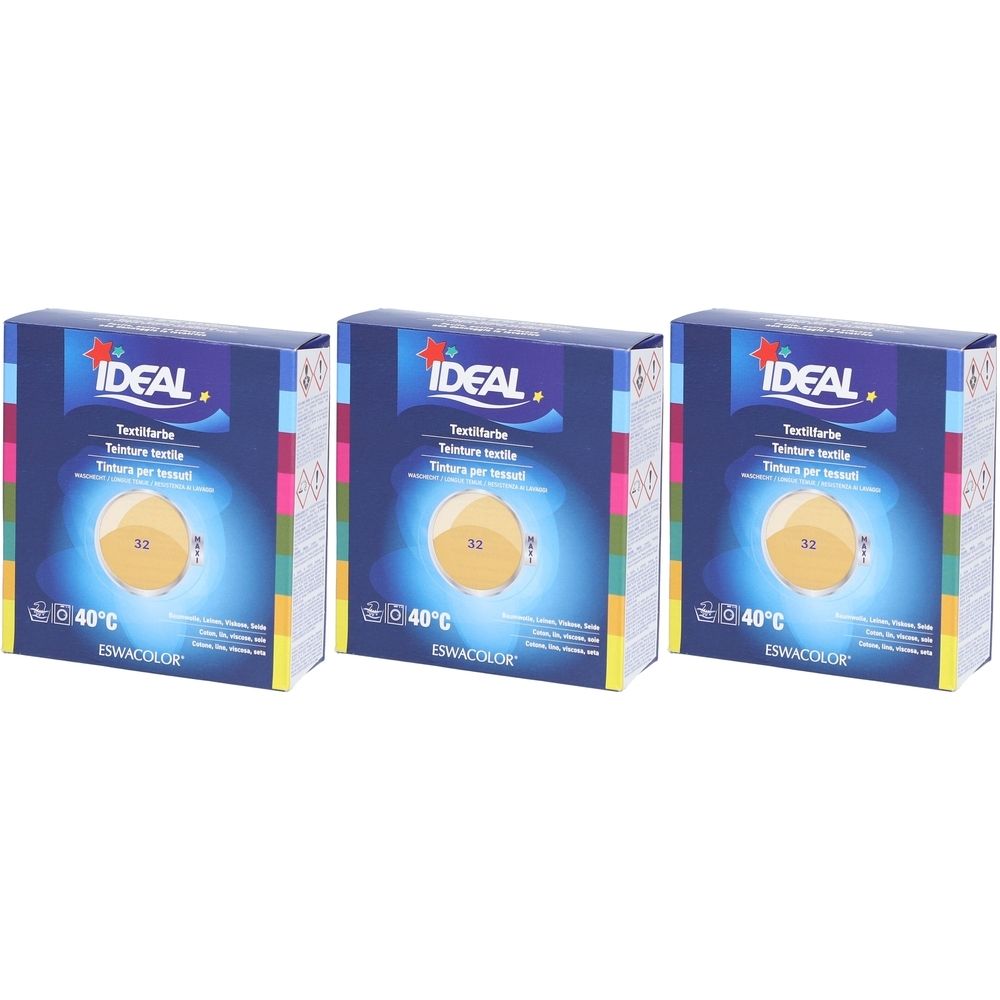 Drei Schachteln IDEAL Textilfarbe. Auf jeder Schachtel steht "IDEAL", "32" und "40°C".