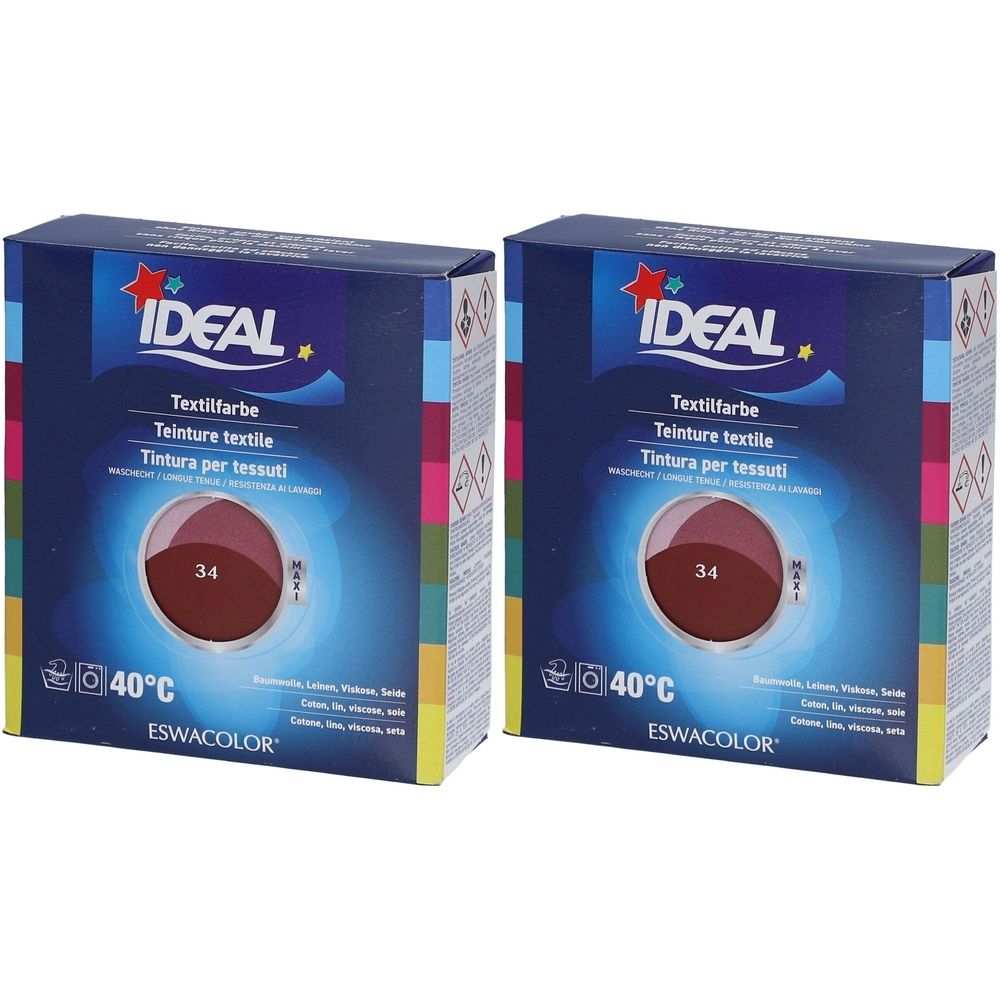 Zwei Kartons Textilfarbe. Aufdruck: IDEAL, Textilfarbe, Farbton 34, Waschtemperatur 40°C. Bordeaux-Farbe.
