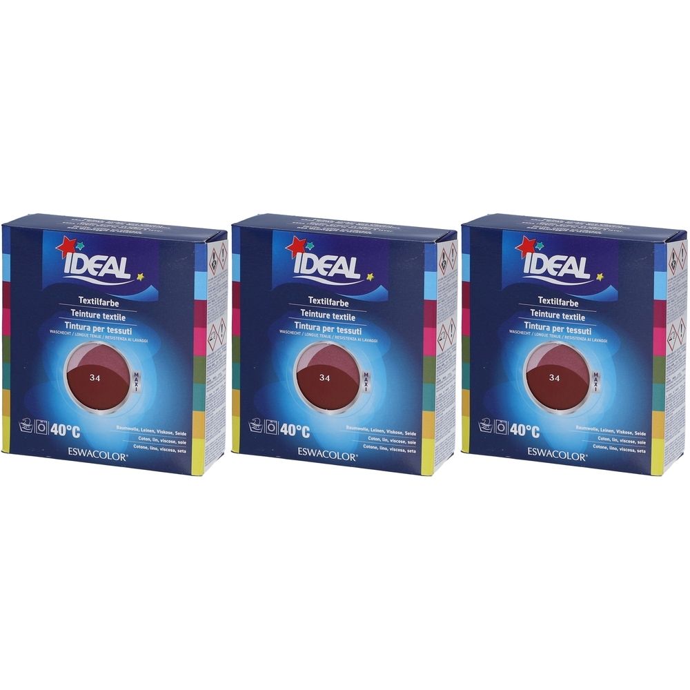 Drei Kartons IDEAL Textilfarbe. Bordeaux-Farbton. Aufdrucke: Textilfarbe, 34, 40°C. Marke IDEAL. Verpackung mit Farbmuster.