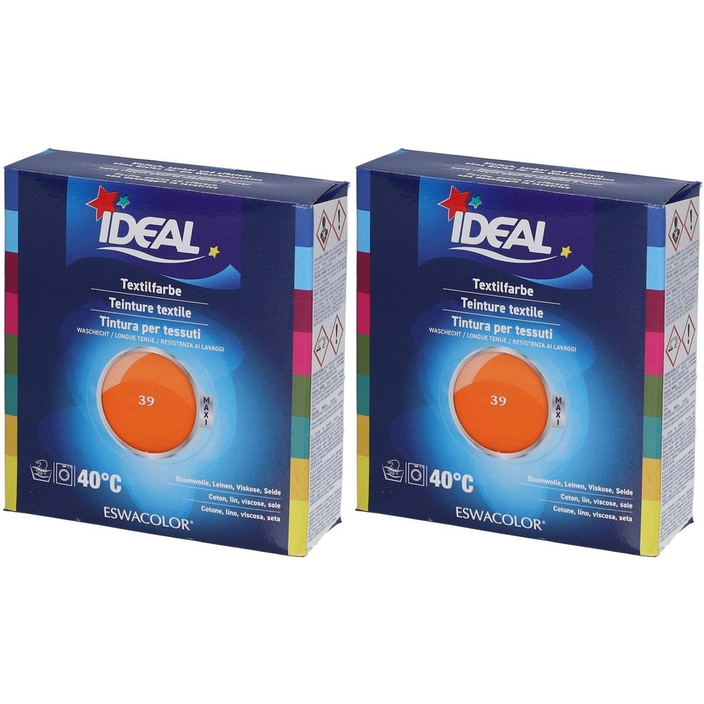 Zwei Kartons Textilfarbe. Aufschrift IDEAL, Textilfarbe, 39 Orange. Temperaturangabe 40°C. Marke ESWACOLOR.