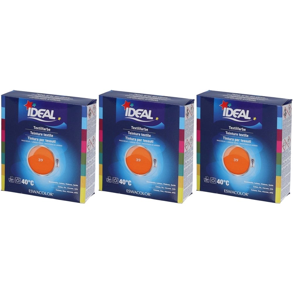 Drei Schachteln Textilfarbe. Blaue Verpackung mit orangefarbenem Kreis und Text. Marke IDEAL. Temperaturangabe 40°C.