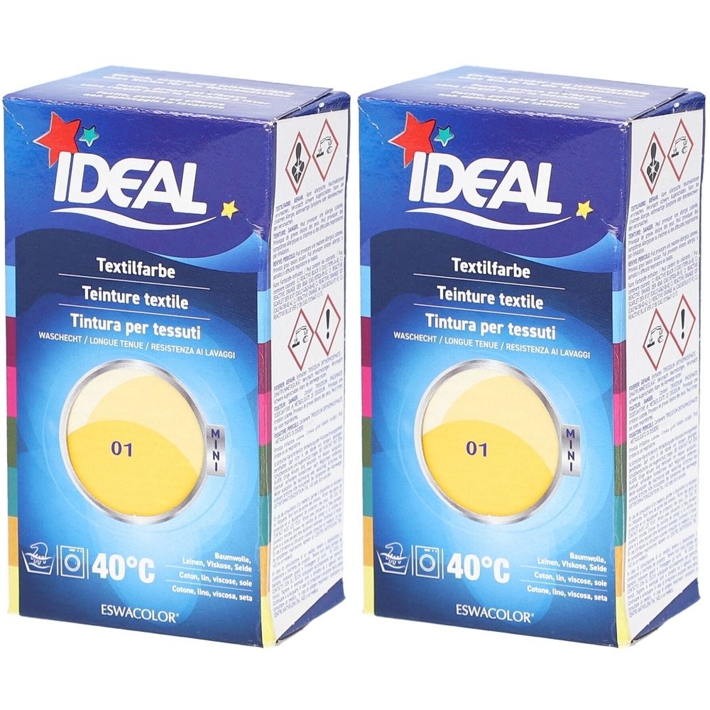 Zwei Kartons Textilfarbe. Aufschrift IDEAL, Textilfarbe, 01 Gelb. Waschsymbol und 40°C. MINI.
