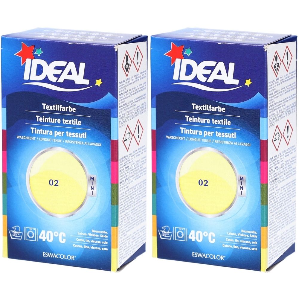 Deux boîtes de teinture textile IDEAL, jaune citron, 02. Symboles de lavage et 40°C. Mini-format.