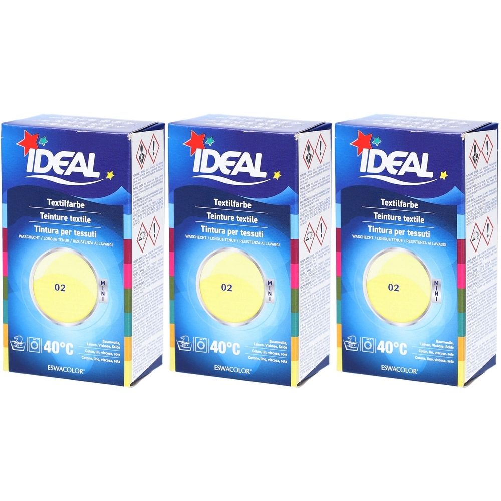 Trois boîtes de teinture textile. Emballage bleu avec cercle jaune et inscription "IDEAL". Impression "02" et "40°C".
