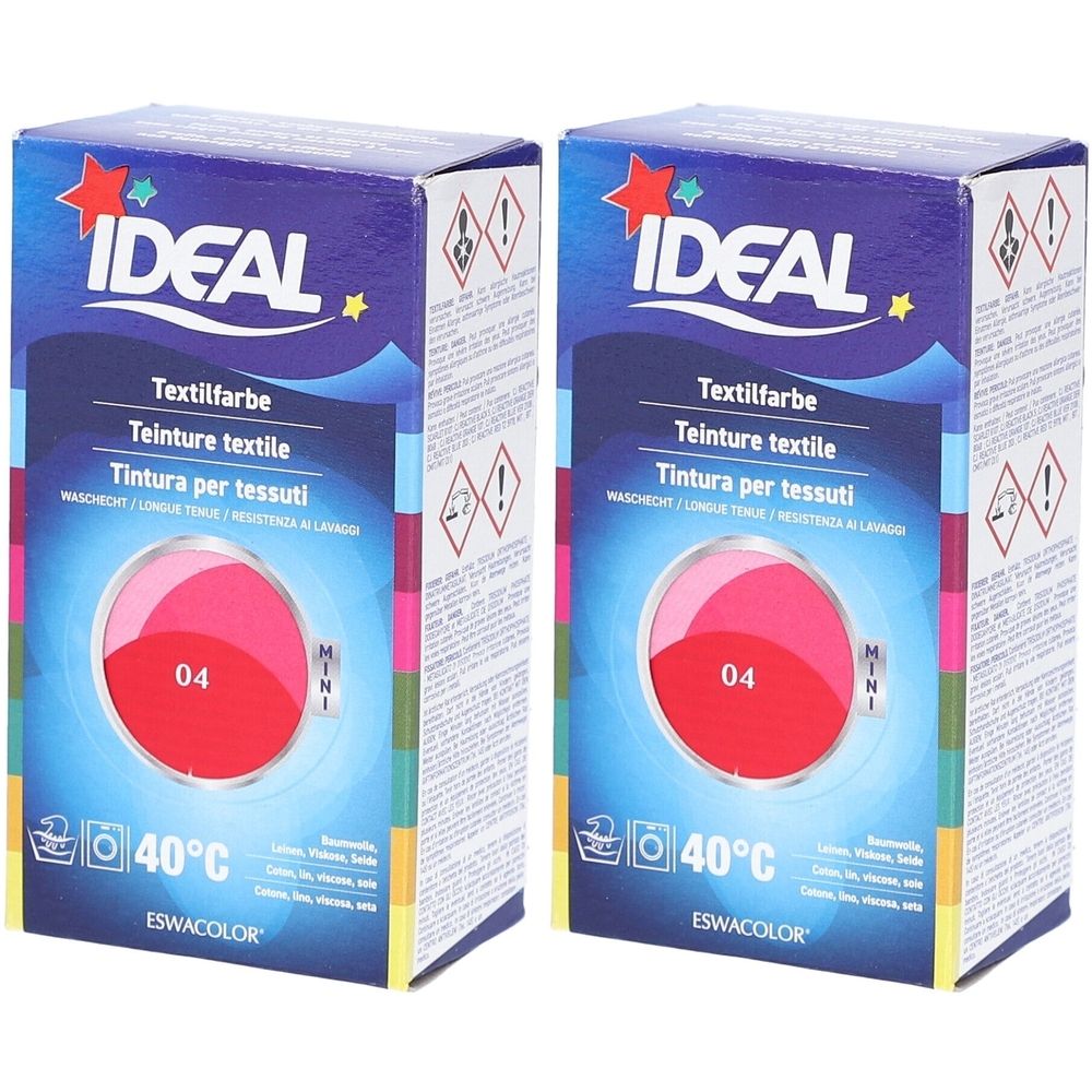 Zwei Schachteln Textilfarbe. Aufschrift IDEAL, Textilfarbe, 04. Waschsymbol und Temperaturangabe 40°C.