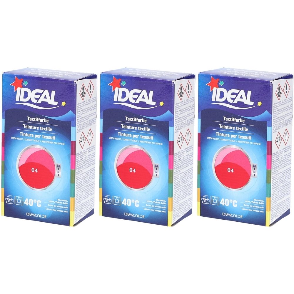 Drei Schachteln Textilfarbe. Auf jeder Schachtel steht IDEAL, Textilfarbe, und die Farbe 04. Die Temperaturangabe ist 40°C.