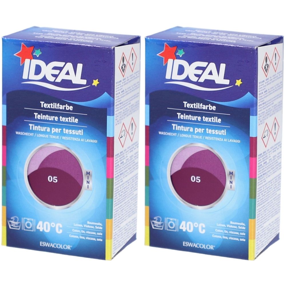 Zwei Kartons IDEAL Textilfarbe, 05 Violett. Blaue Verpackung mit Produktnamen, Farbkreis und Waschsymbol.