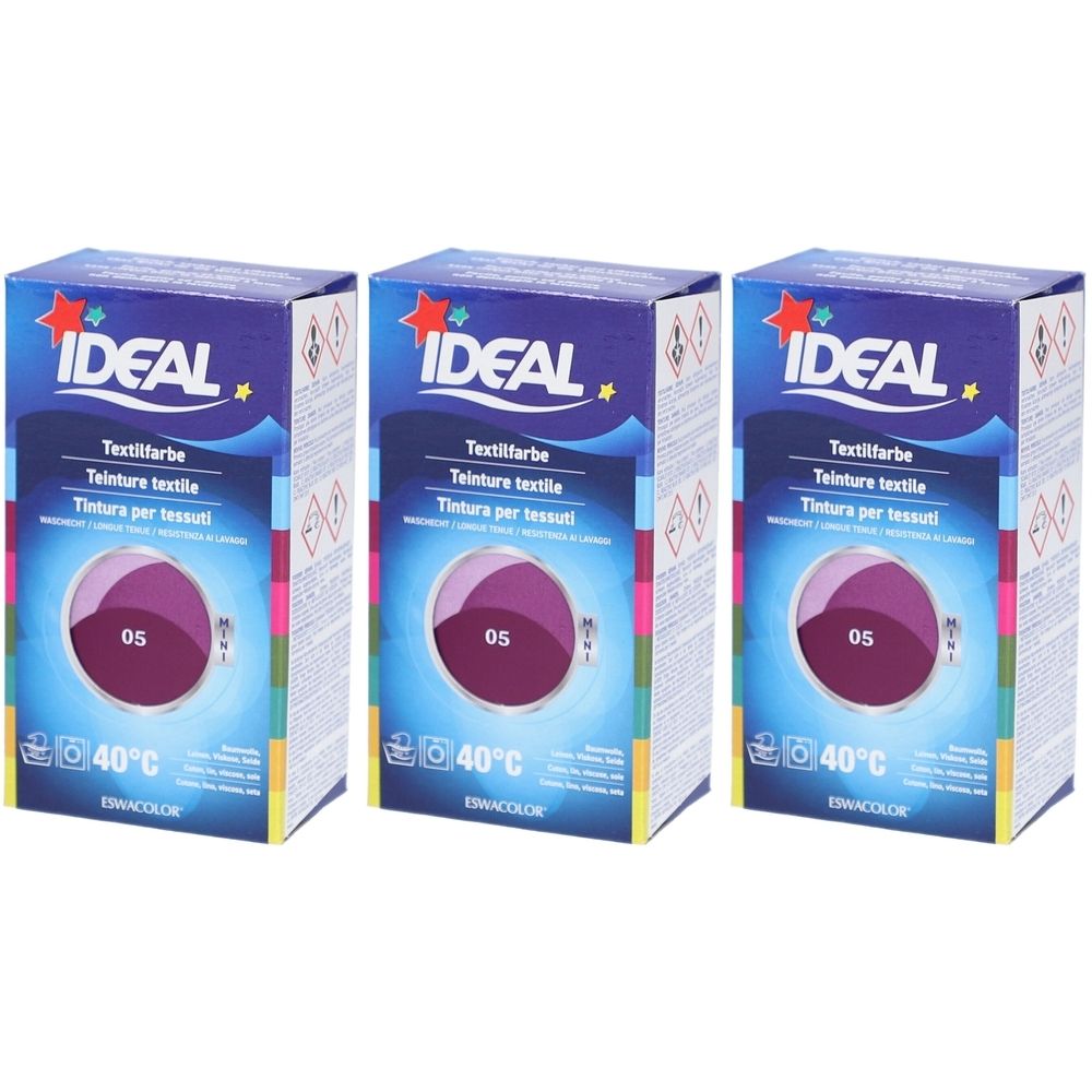 Drei Schachteln IDEAL Textilfarbe. Auf jeder Schachtel: Farbe 05, Waschsymbol 40°C. Markenname und Produktbezeichnung.