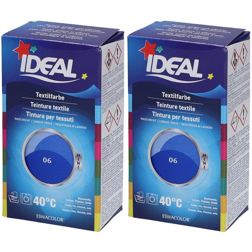 Zwei Schachteln Textilfarbe. Aufschrift IDEAL, Textilfarbe, 06 Königsblau. Waschsymbol und 40°C. Marke ESWACOLOR.