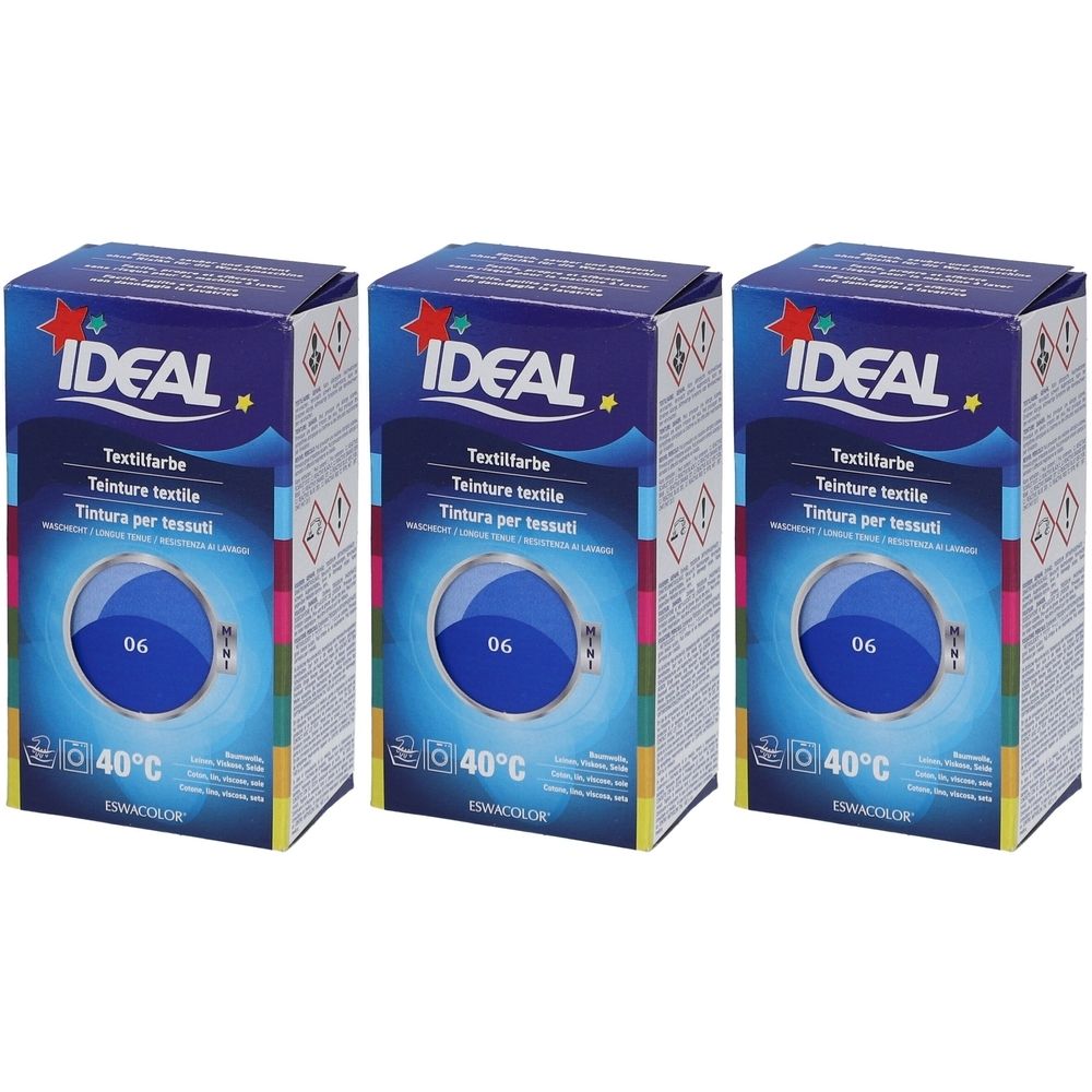 Drei Schachteln IDEAL Textilfarbe in Königsblau. Auf jeder Schachtel: Marke, Produktname, Farbe 06, Waschsymbol 40°C.