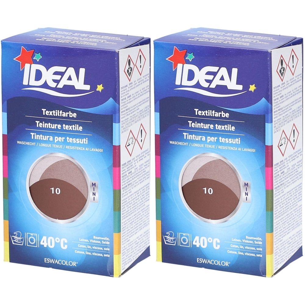 Deux boîtes de teinture textile IDEAL. Inscription: Textilfarbe, Teinture textile, couleur 10, lavable à 40°C. Format mini.
