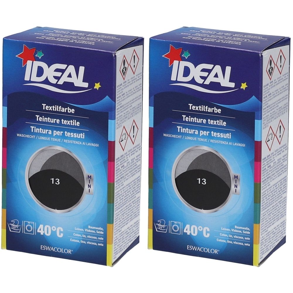 Zwei Schachteln Textilfarbe. Aufschrift IDEAL, Textilfarbe, 13, 40°C. Schwarze Farbe. Waschmaschinen-Symbol.