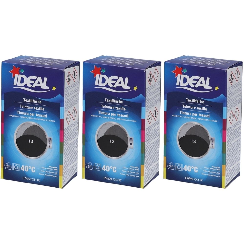 Drei Schachteln IDEAL Textilfarbe. Jede Schachtel zeigt eine Waschmaschine mit der Zahl 13 und dem Schriftzug 40°C.