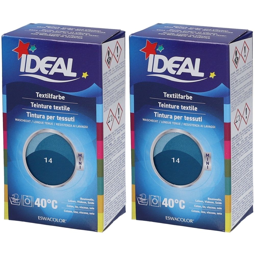 Zwei Kartons Textilfarbe. Aufschrift IDEAL, Textilfarbe, 14, 40°C. Farbton Petrolblau. Waschbeständig.