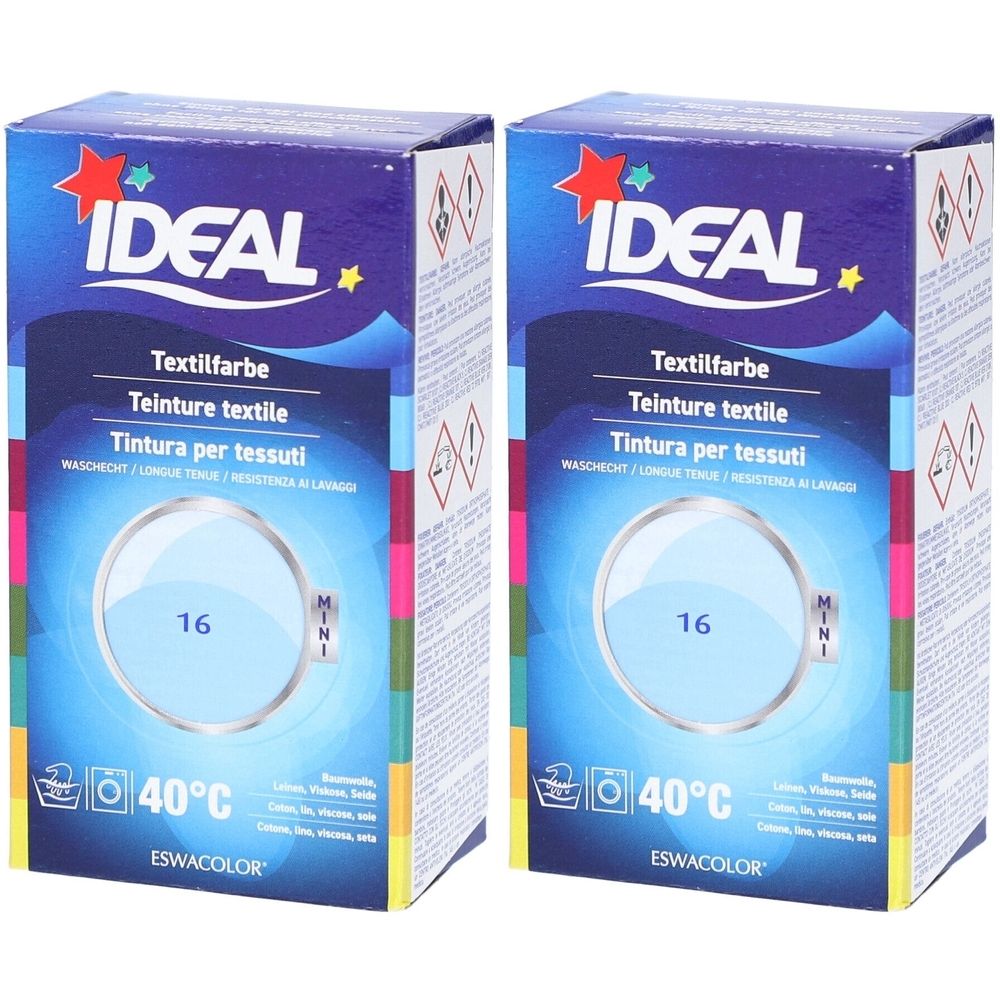 Zwei Kartons Textilfarbe. Aufschrift IDEAL, Textilfarbe, 16, 40°C. Hellblaue Farbe. MINI-Packung.