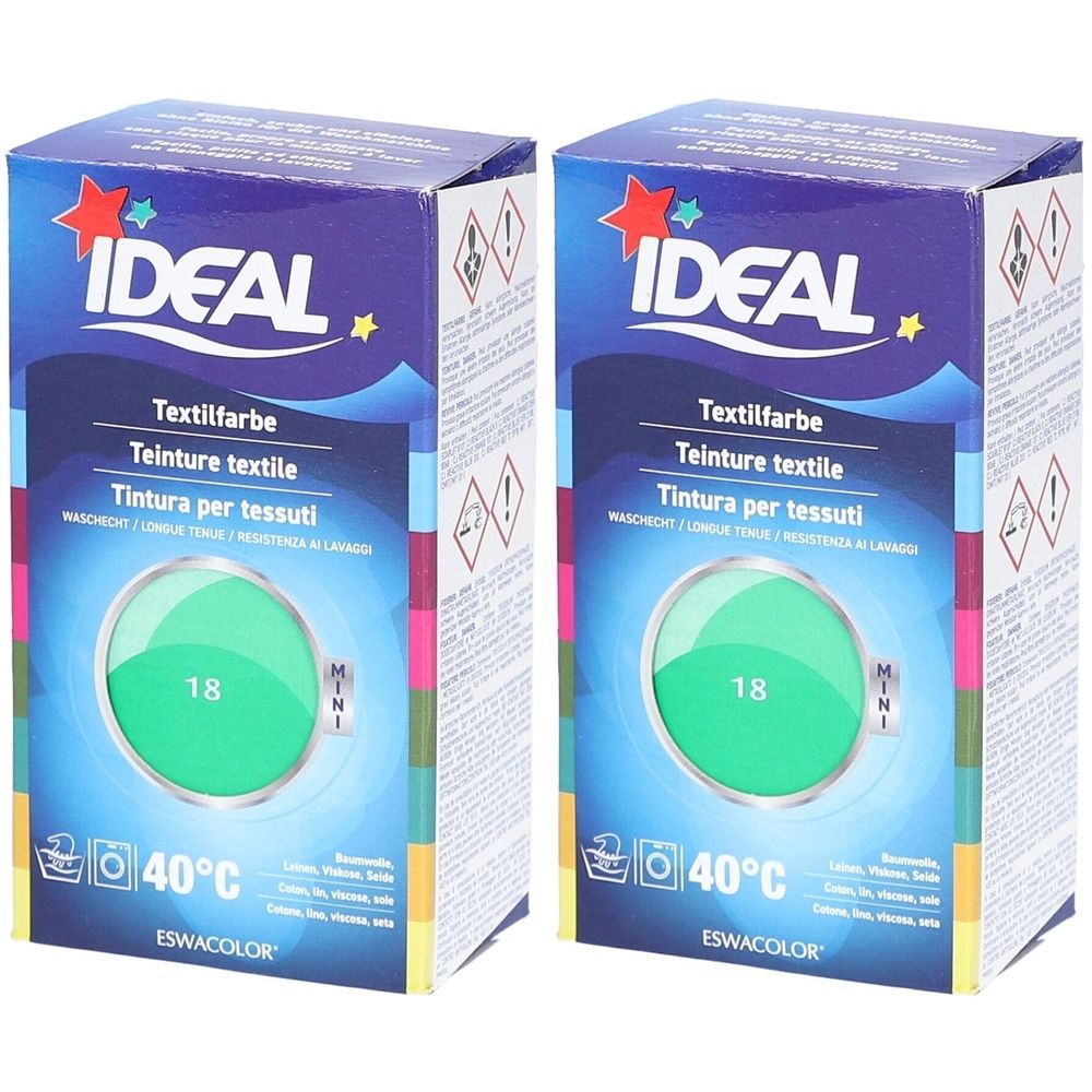 Zwei Kartons Textilfarbe. Marke IDEAL. Farbton 18 Minze. Waschmaschinenfarbe für eine Anwendung. Mit Waschsymbol und Temperaturangabe.