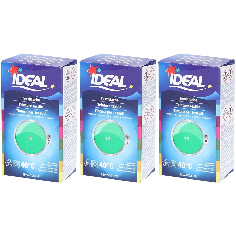 Drei Schachteln Textilfarbe. Auf jeder Schachtel steht "IDEAL", "Textilfarbe", "18" und "40°C".