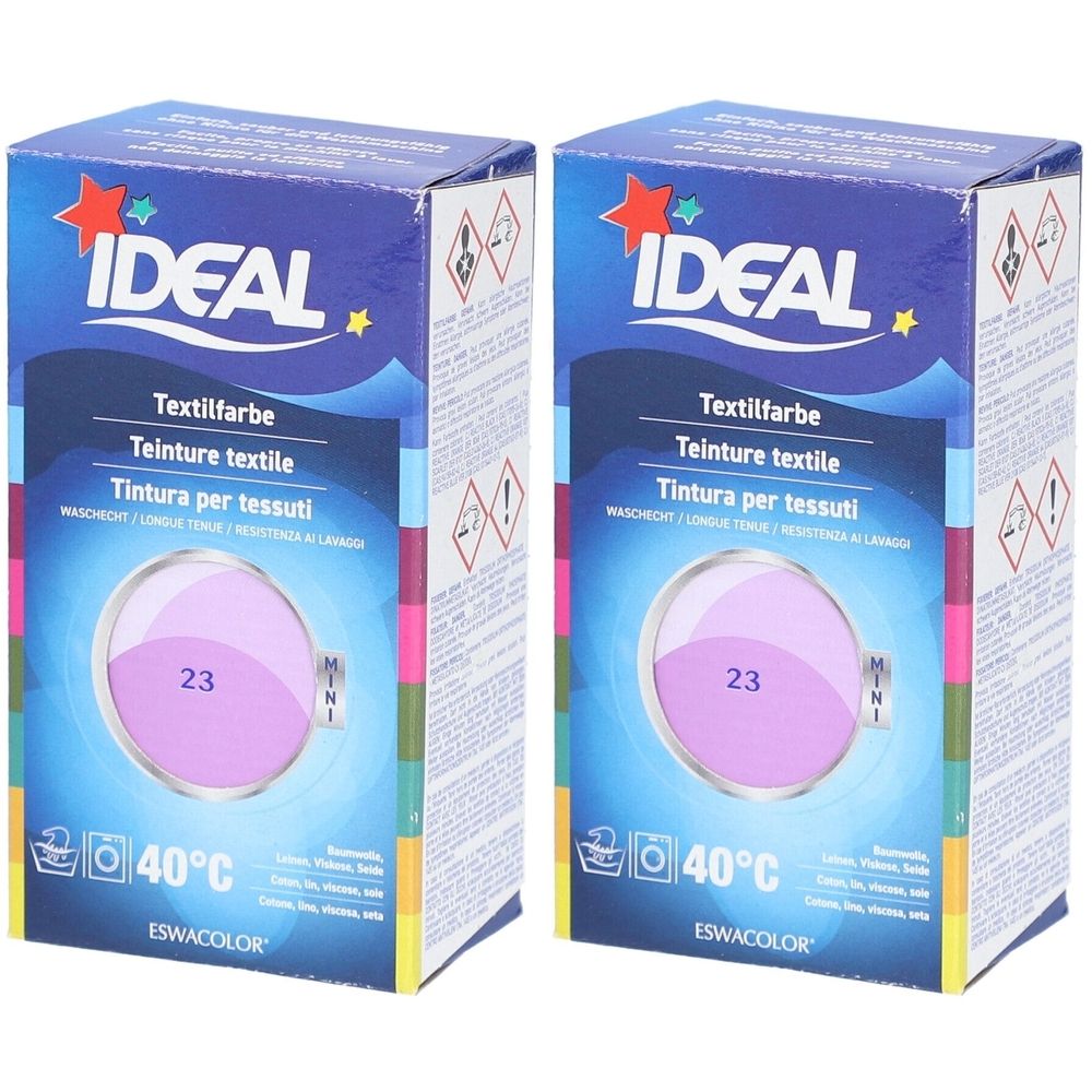 Zwei Kartons Textilfarbe, Marke IDEAL. Farbton 23 Flieder. Waschmaschinen-Symbol, 40°C. ESWACOLOR.