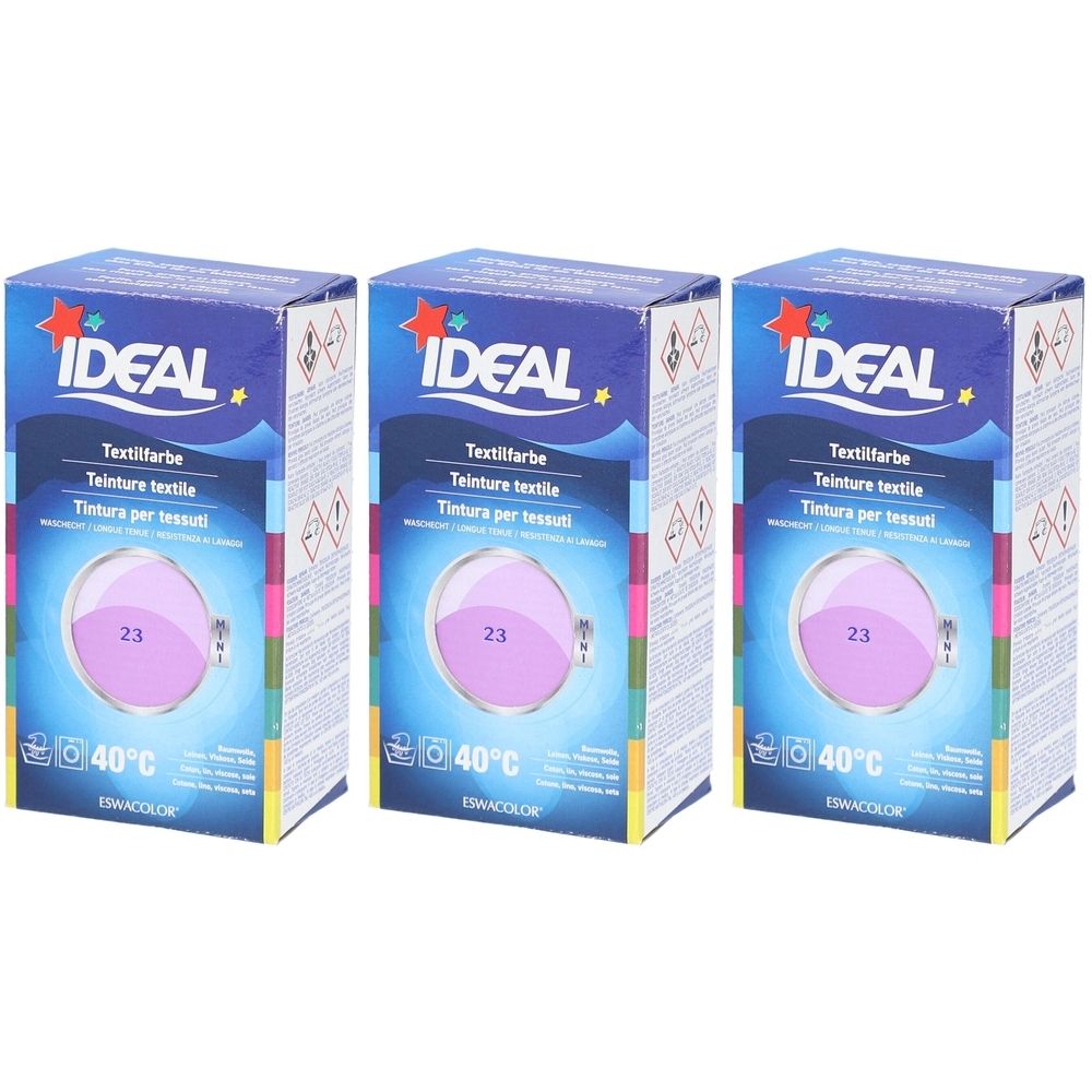 Drei Schachteln Textilfarbe. Auf jeder Schachtel steht IDEAL, Textilfarbe, 23 und 40°C. Die Farbe ist Flieder.