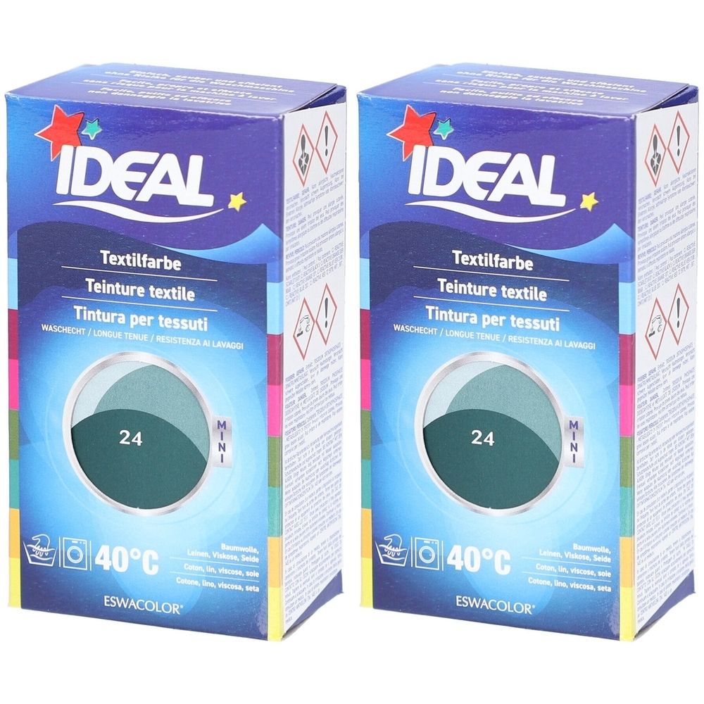 Zwei Schachteln Ideal Textilfarbe. Aufdruck: Textilfarbe, 24, 40°C. Marke Ideal mit Stern. Grün- und Blautöne.