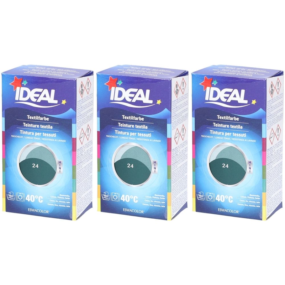 Drei Kartons Ideal Textilfarbe. Aufdrucke: Ideal, Textilfarbe, 24, 40°C. Tannengrün-Farbkreis. Verpackung mit Stern und Waschsymbol.