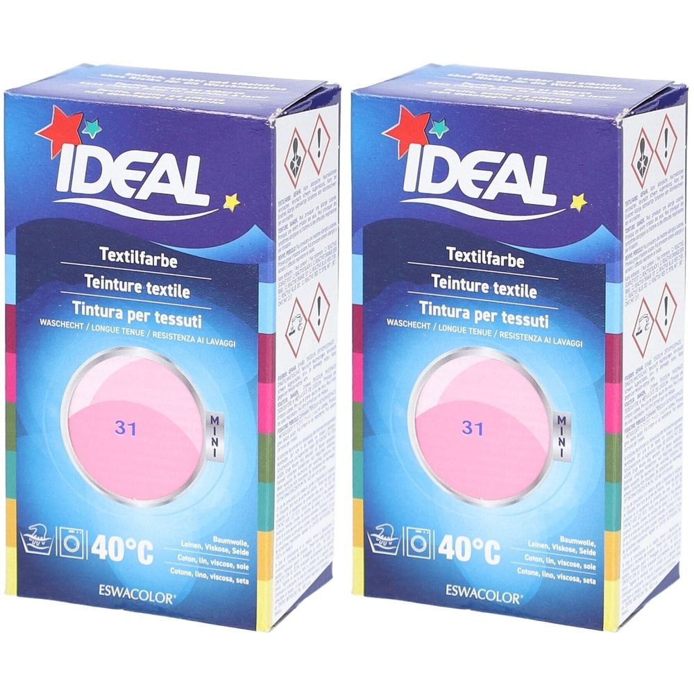 Zwei Kartons IDEAL Textilfarbe. Aufdruck: Textilfarbe, 31 Pink, Waschsymbol, 40°C. Marke: IDEAL.