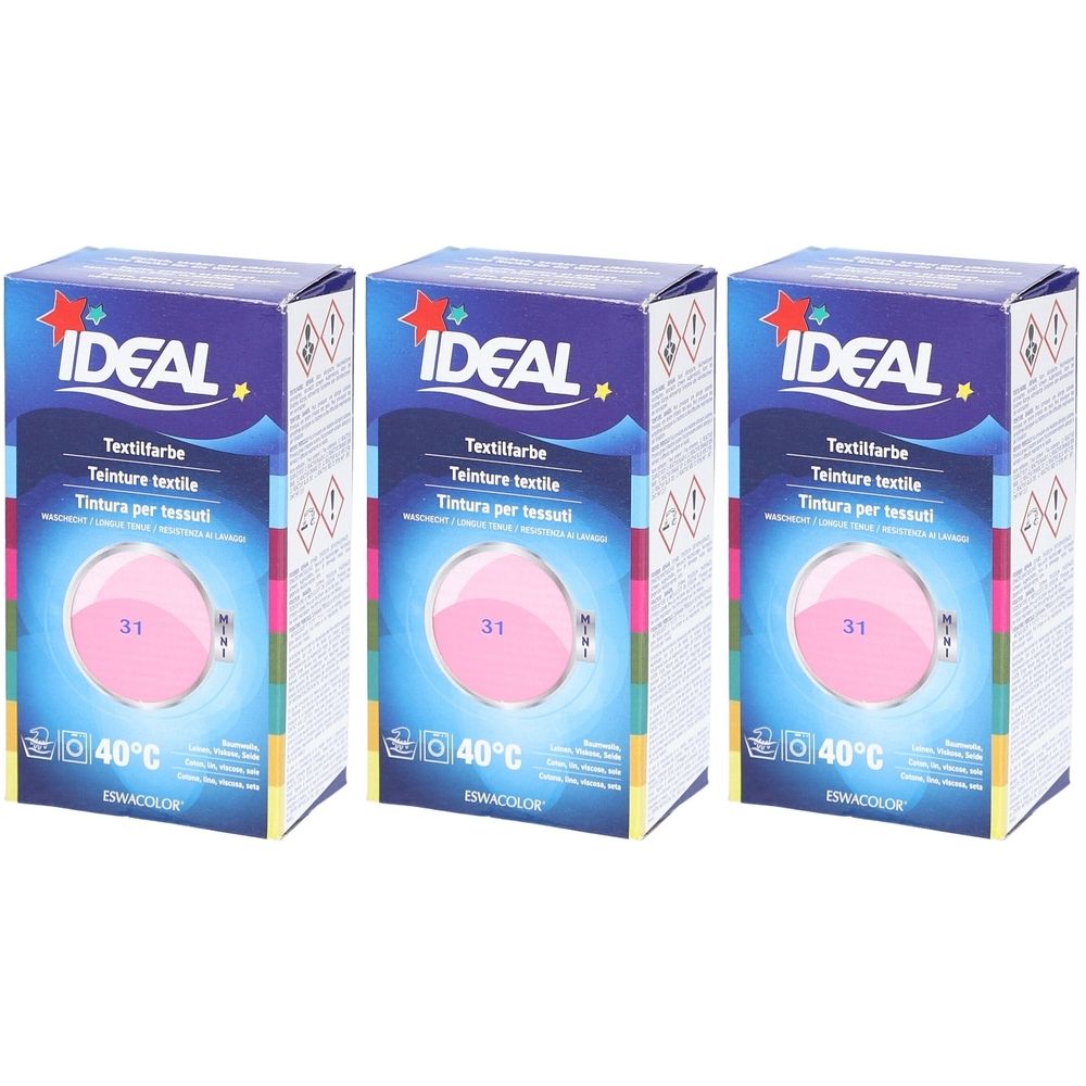 Drei Schachteln Textilfarbe. Auf jeder Schachtel steht IDEAL, Textilfarbe, 31 und 40°C. Pinkfarbener Kreis abgebildet.