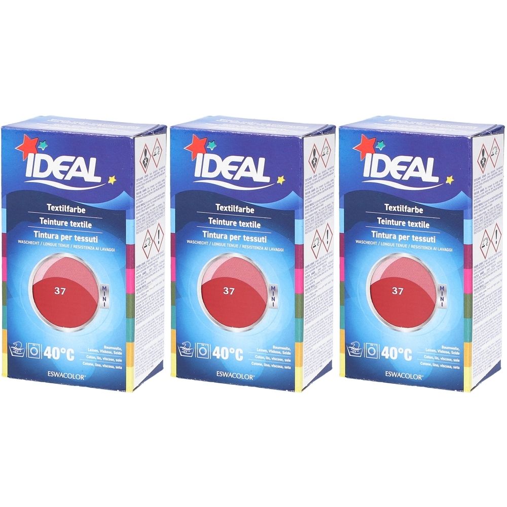 Drei Kartons Textilfarbe. Aufschrift IDEAL, Textilfarbe, 37, 40°C. Hermesrot. Verpackung mit Farbkreis-Darstellung.