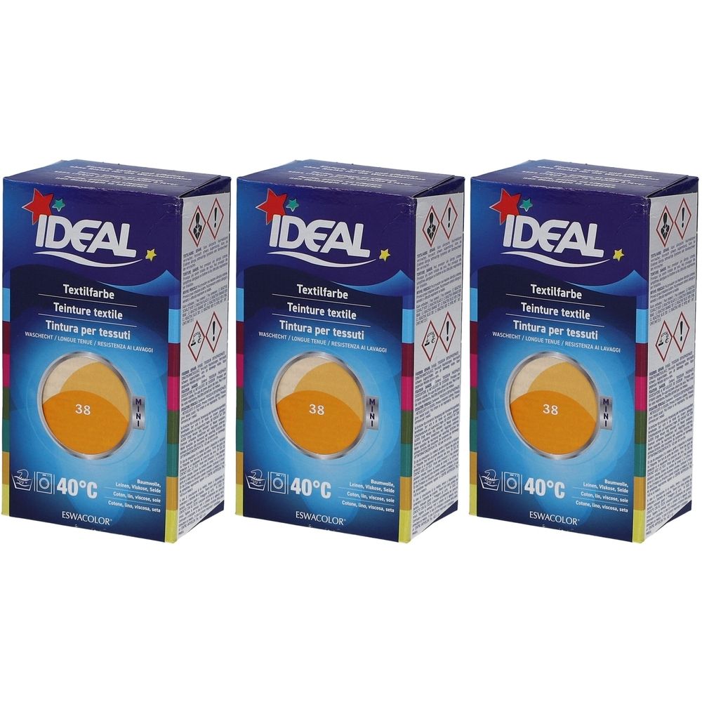 Drei Schachteln Textilfarbe. Auf jeder Schachtel steht "IDEAL" und "Textilfarbe". Die Farbe ist Mandarine, Farbnummer 38, Waschtemperatur 40°C.