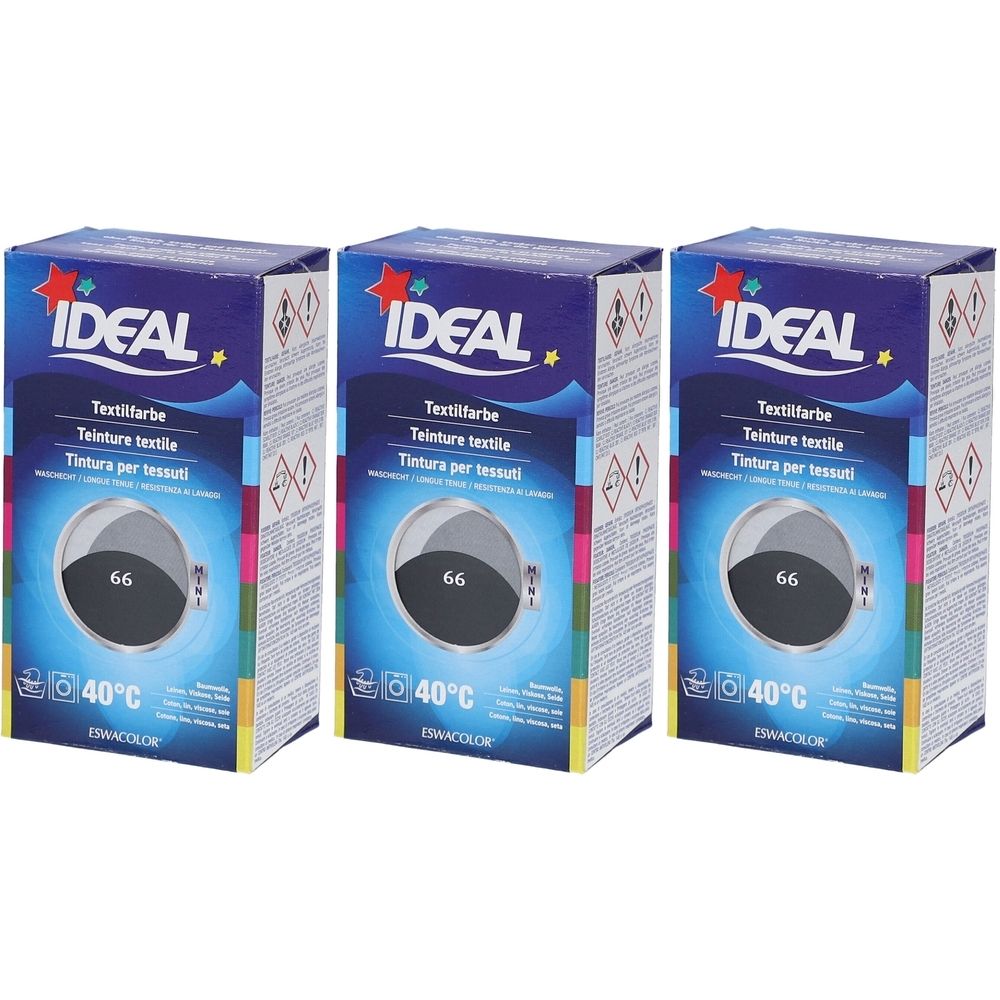 Drei Kartons Textilfarbe. Aufdruck: IDEAL, Textilfarbe, 66, 40°C. Anthrazitgrau. Verpackung mit Waschmaschinen-Symbol.