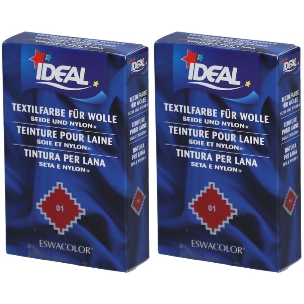 Zwei blaue Kartons mit IDEAL-Textilfarbe für Wolle, Seide und Nylon. Aufschrift: 01 Rot. Marke ESWACOLOR.
