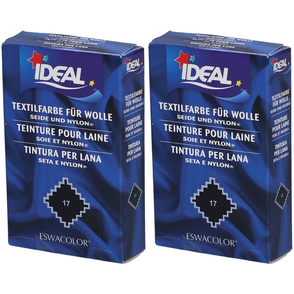 Zwei Schachteln Textilfarbe. Aufschrift: IDEAL, Textilfarbe für Wolle, Seide und Nylon. Farbe 17 Schwarz. Marke ESWACOLOR.