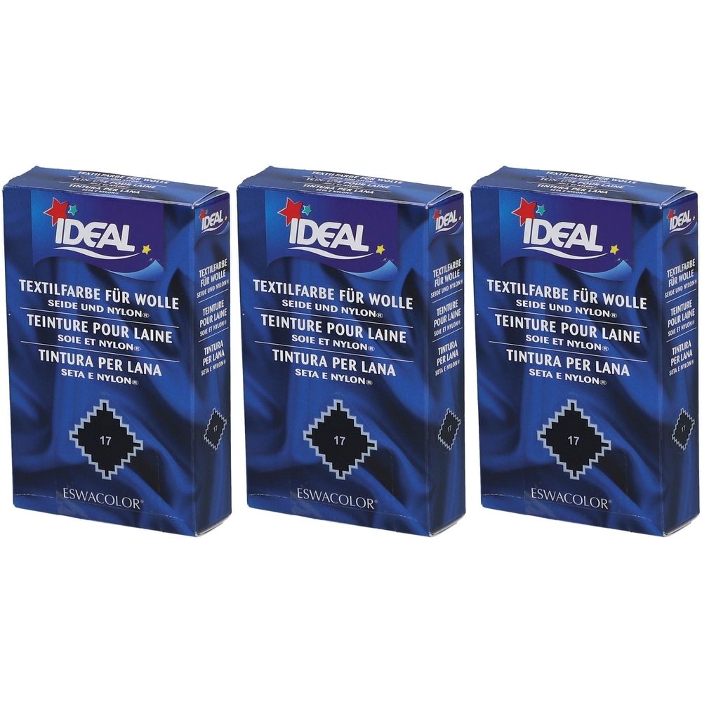 Drei Schachteln IDEAL Textilfarbe. Blaue Verpackung mit weißer Schrift. Aufschrift: Textilfarbe für Wolle, Seide und Nylon. Nummer 17.