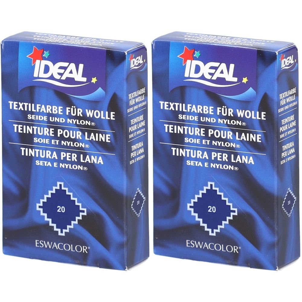Deux boîtes de teinture textile. Inscription : IDEAL, teinture pour laine, soie et nylon. Numéro de couleur 20.
