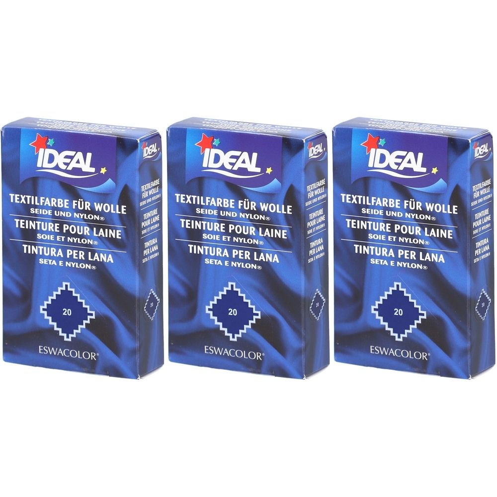 Trois boîtes de teinture textile. Emballage bleu avec nom du produit et numéro de couleur 20. Teinture idéale pour laine, soie et nylon.