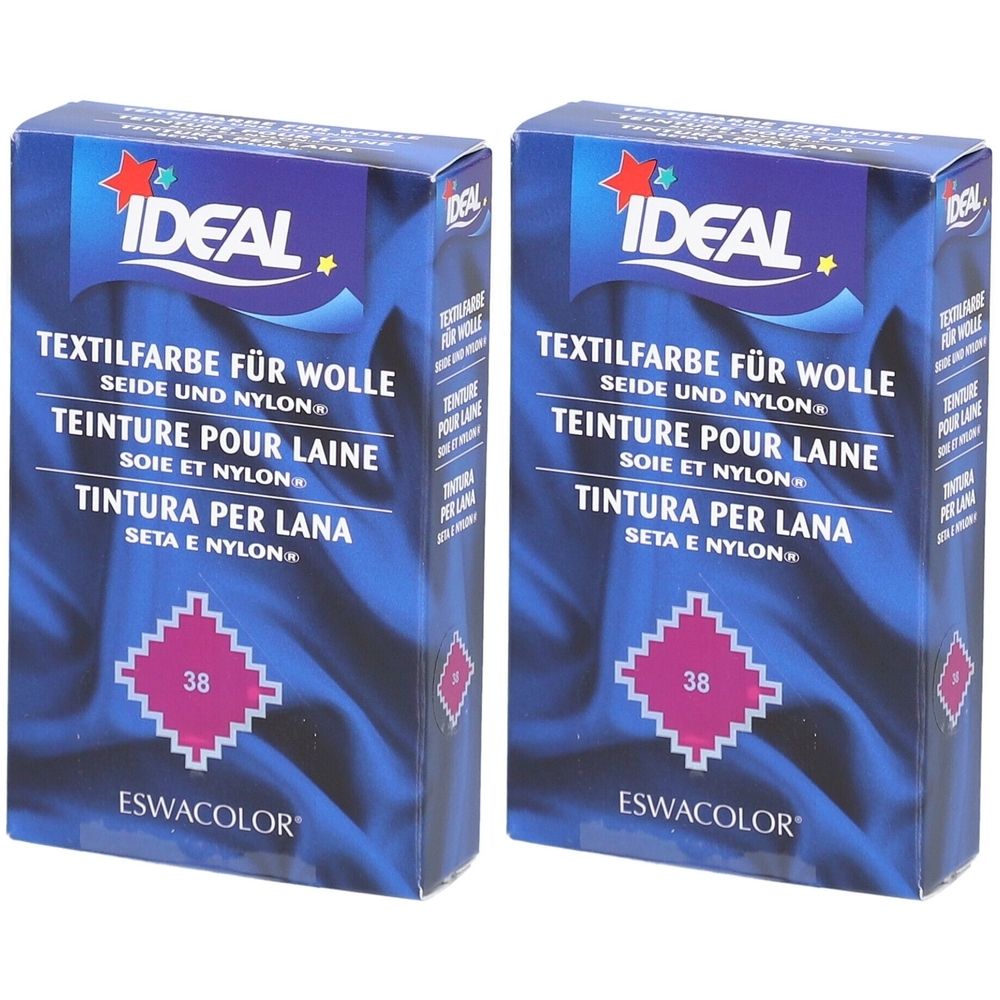 Zwei Schachteln Textilfarbe. Aufschrift IDEAL, Textilfarbe für Wolle, Seide und Nylon. Farbe 38 Fuchsia.