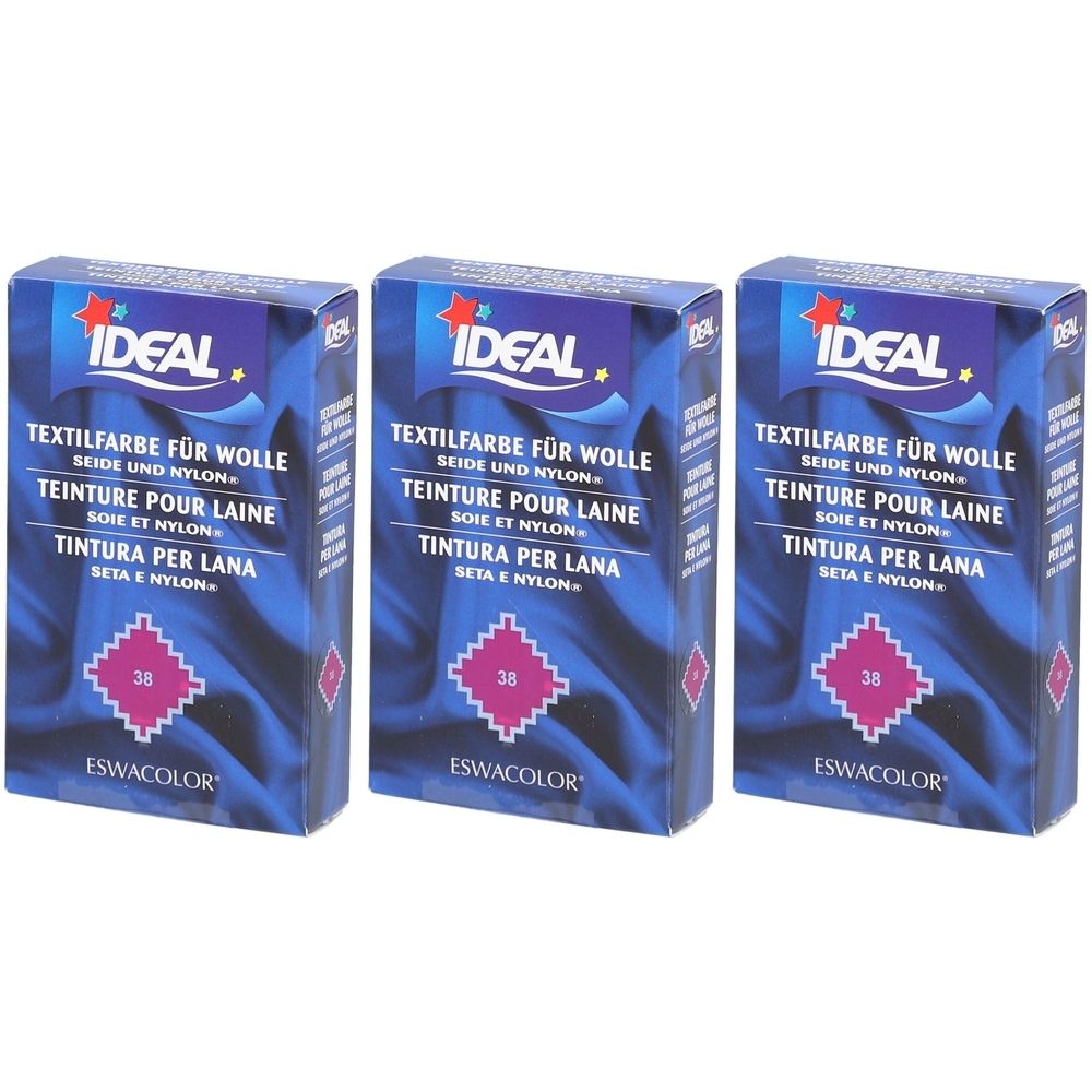 Drei Schachteln Textilfarbe. Aufschrift: IDEAL, Textilfarbe für Wolle, Seide und Nylon. Farbe 38 Fuchsia. Marke ESWACOLOR.