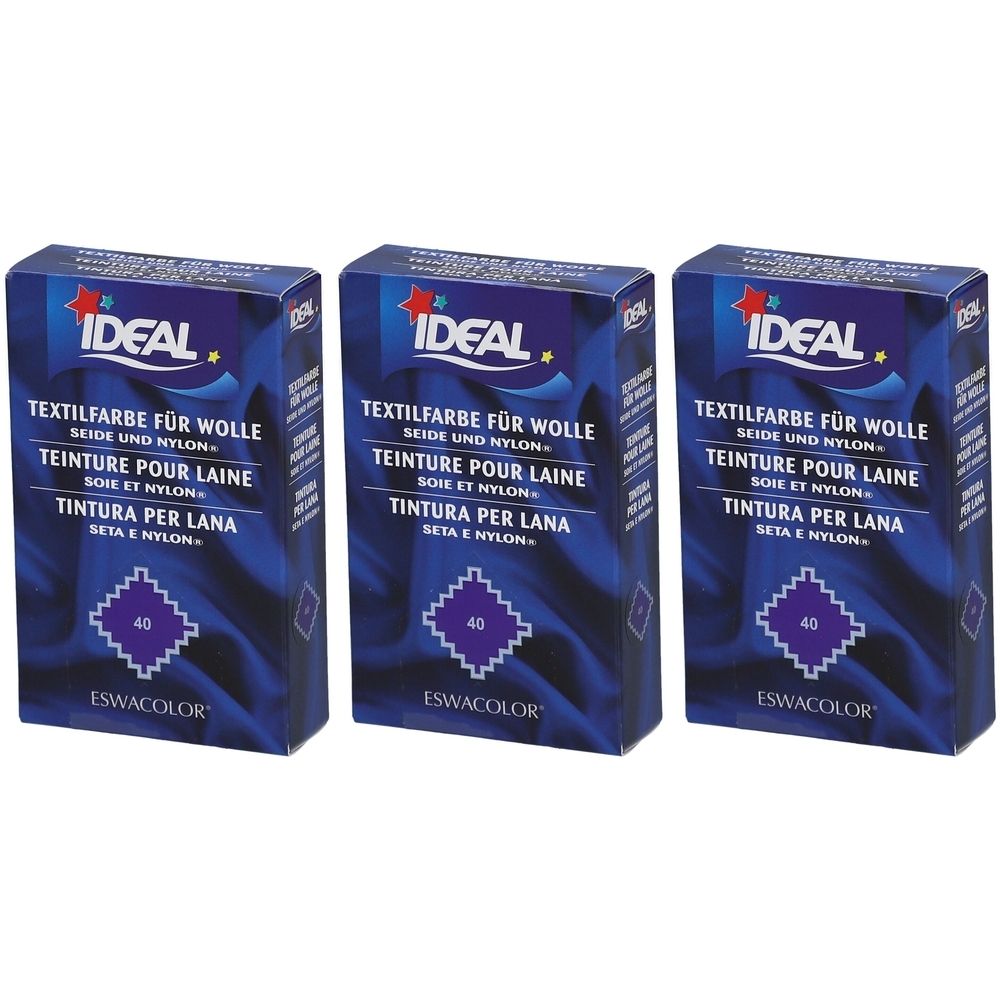 Drei Schachteln IDEAL Textilfarbe für Wolle, Seide und Nylon. Aufschrift: 40 Lavendelviolett. Blaue Verpackung mit Logo und Produktbezeichnung.