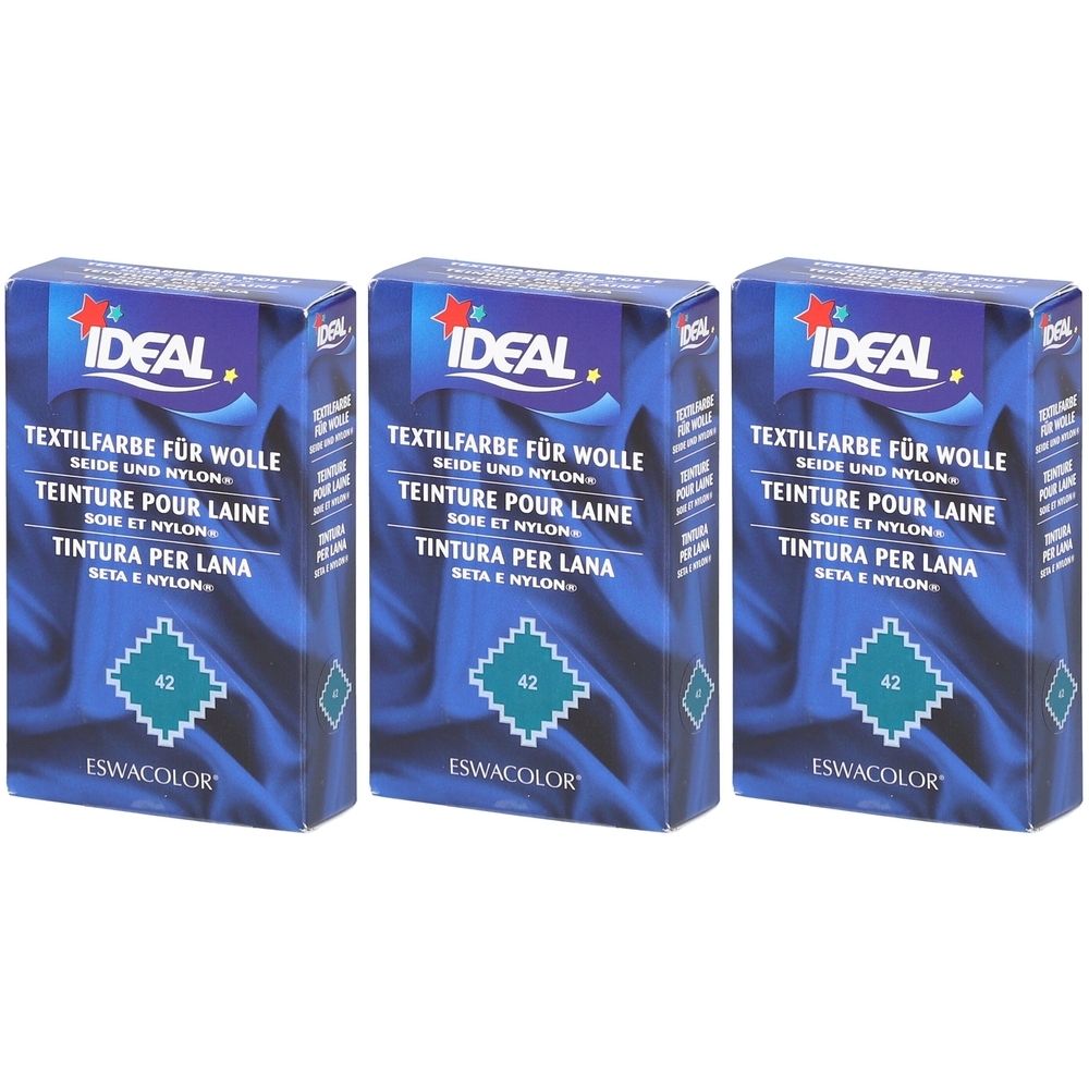 Drei Schachteln Textilfarbe. Aufschrift: IDEAL, Textilfarbe für Wolle, Seide und Nylon. Farbnummer 42. Marke ESWACOLOR.