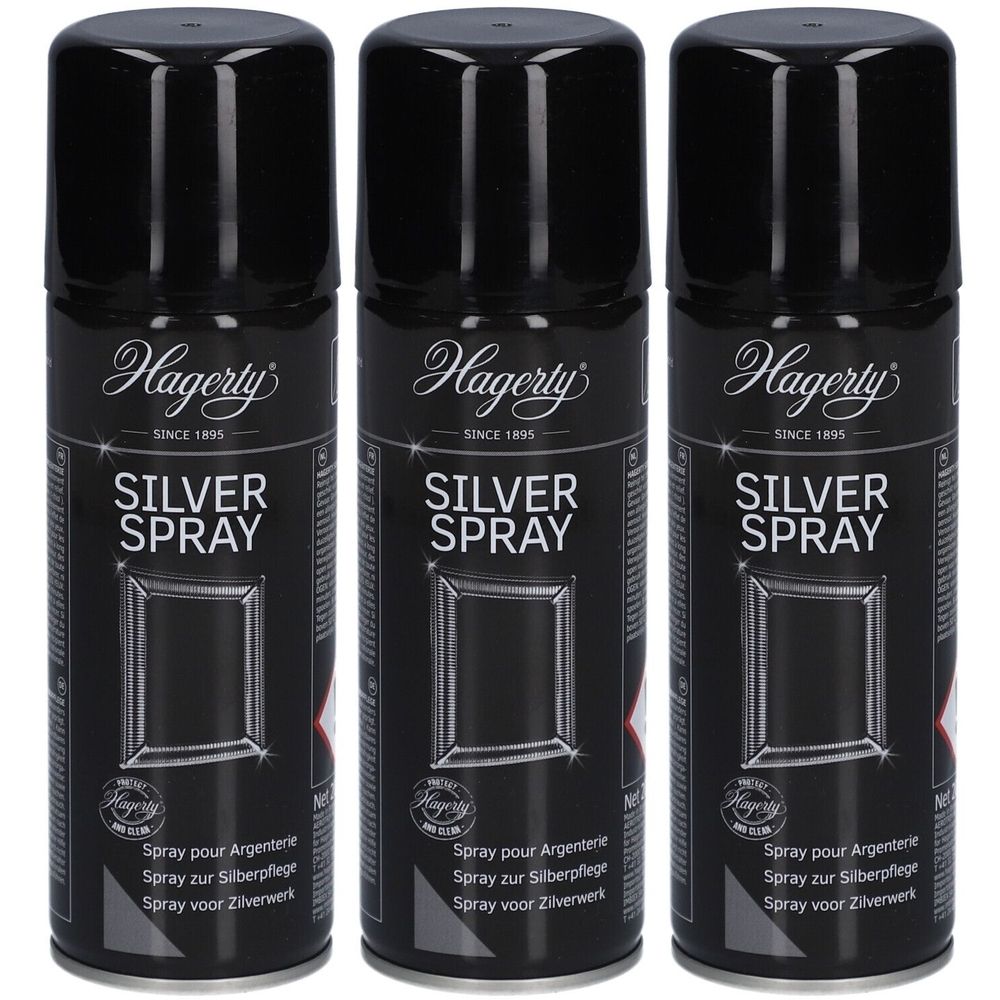 Trois bombes aérosols noires avec bouchons noirs. Inscription Hagerty Silver Spray. Texte en français, allemand et néerlandais.