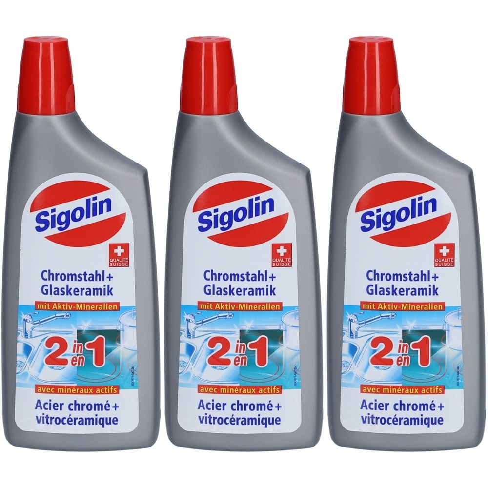 Drei graue Flaschen mit rotem Verschluss. Auf jeder Flasche steht "Sigolin", "Chromstahl + Glaskeramik" und "2 in 1".
