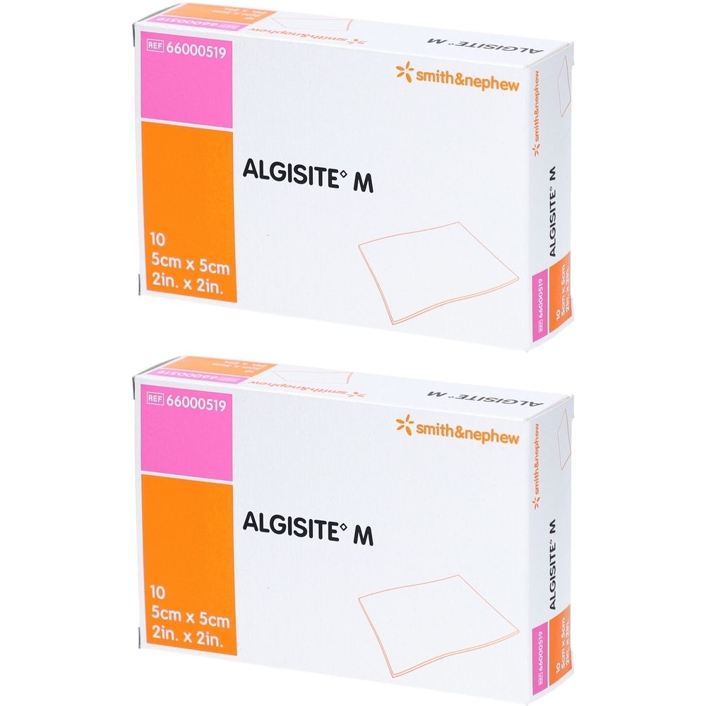 Zwei Kartons ALGISITE M. Aufdruck: 10 Stück, 5cm x 5cm. Hersteller: Smith & Nephew. Rosa, orange und weiße Verpackung.