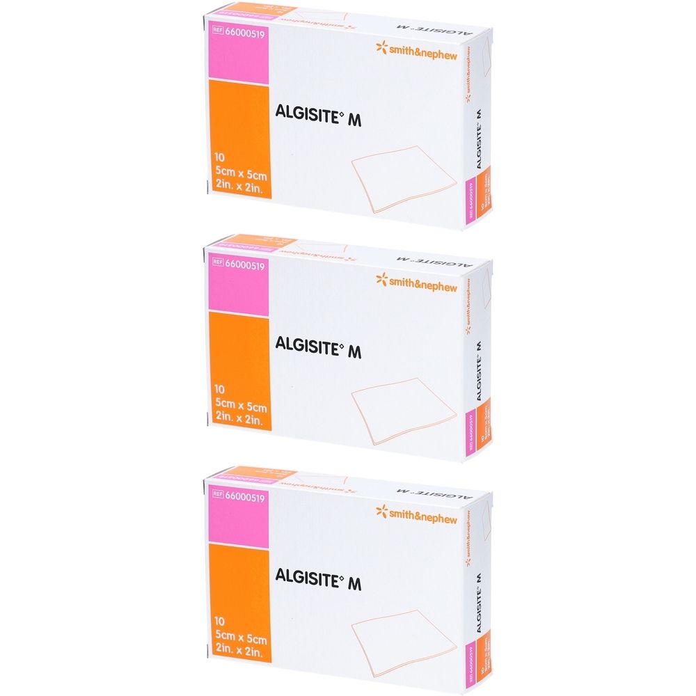 Drei Kartons Algisit M. Aufdruck: 10 Stück, 5cm x 5cm. Smith & Nephew Logo. Rosa und orangefarbene Akzente.